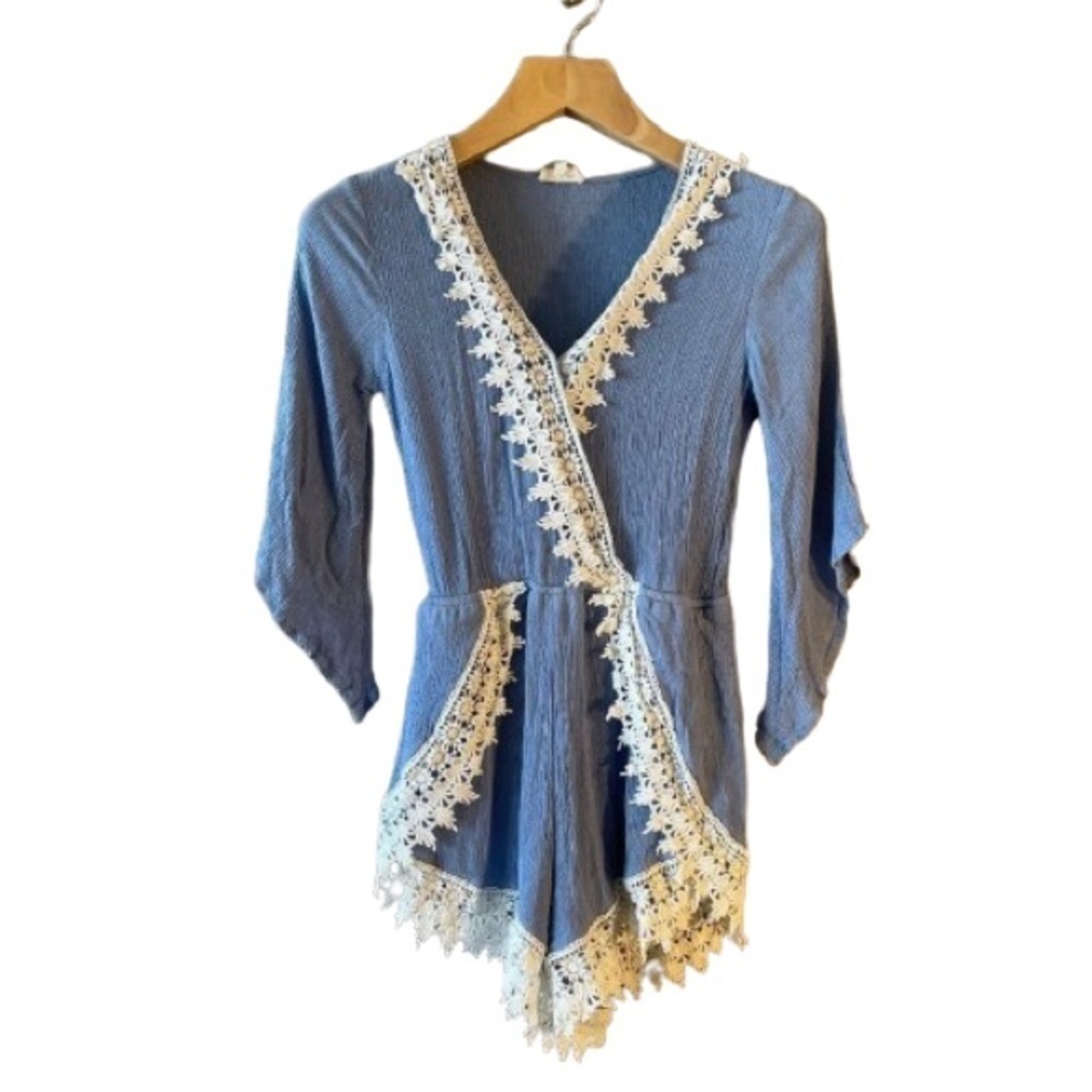 Women's S Tea & Cup White Lace Trim Romper Light Blue Romantic